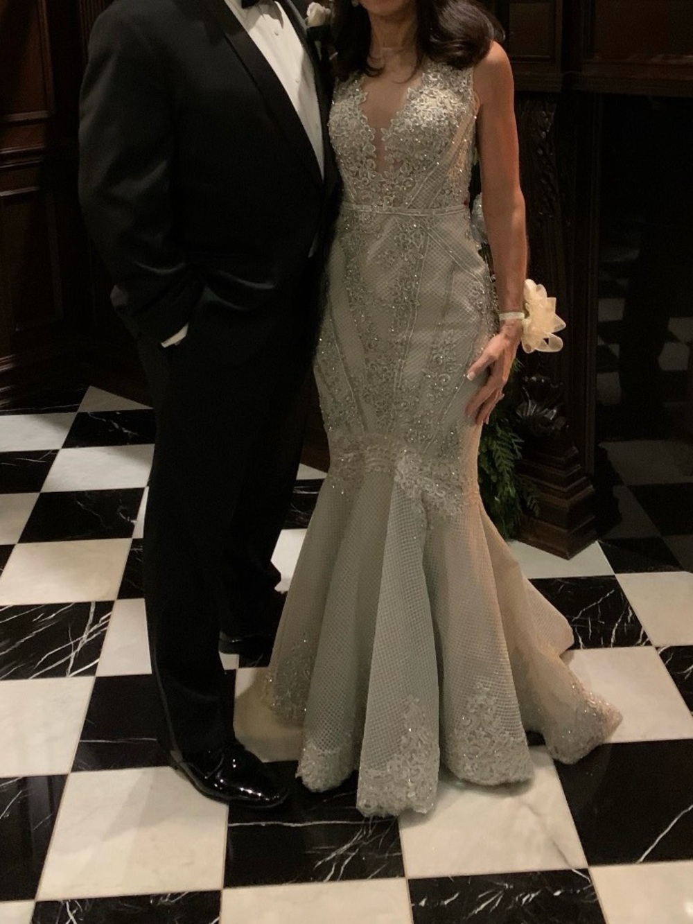 Beaded Terani Mermaid Evening Gown Silver